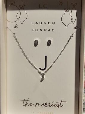 LC Lauren Conrad Silver 'J' Initial Necklace with Stud Earrings - Silver